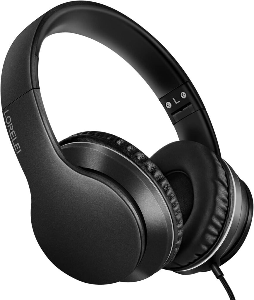 LORELEI X6 Over-Ear Headphones with Microphone, Lightweight Foldable  Portable Stereo Bass Headphones with 1.45M No-Tangle, Wired Headphones for Smartphone Tablet MP3 / 4 (Space Black)