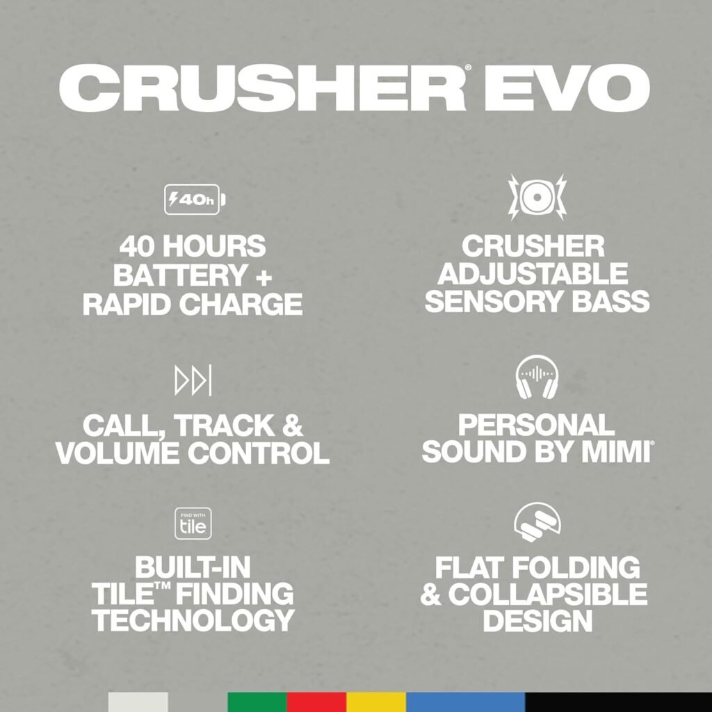 Skullcandy Crusher Evo Over-Ear Wireless Headphones with Sensory Bass with Charging Cable, 40 Hr Battery, Microphone, Works with iPhone Android and Bluetooth Devices - Grey