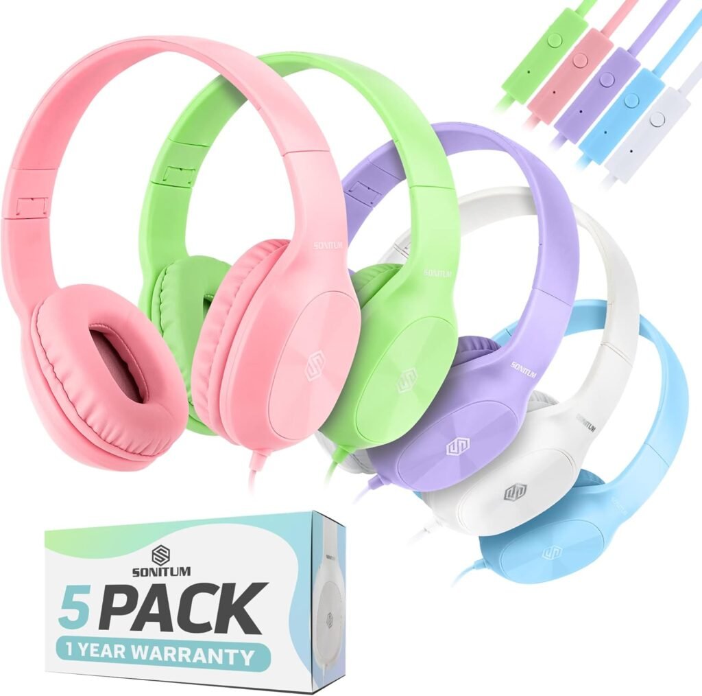 Sonitum Bulk Kids Headphones for School with Microphones - 5-Pack On-Ear 3.5mm Wired Headphones for Schools -Comfy Wired Kids Headphones with in-Line Mics – School Headphones for Kids