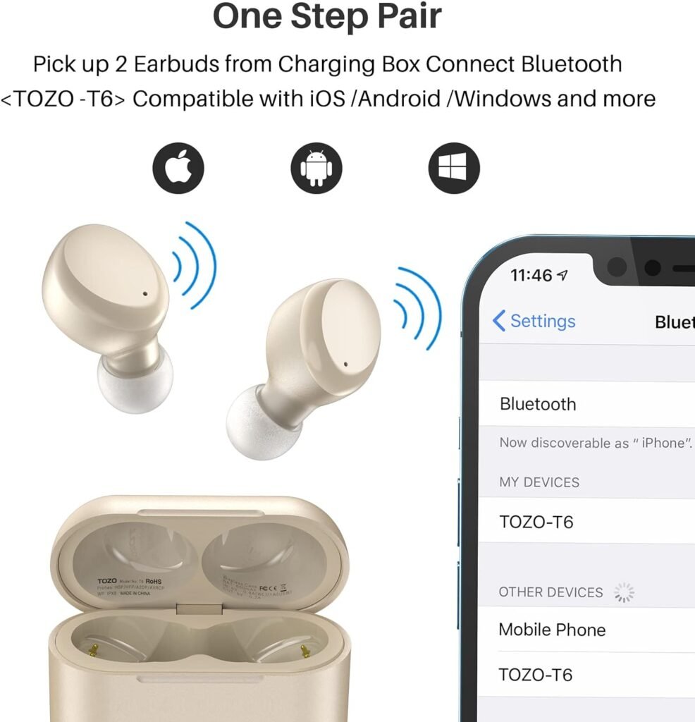 TOZO T6 (Ergonomic Edition) Wireless Earbuds Bluetooth 5.3 Headphones, Ergonomic Design in-Ear Headset, 50Hrs Playtime with Wireless Charging Case, APP EQ Customisable, IPX8 Waterproof, 2024 Version