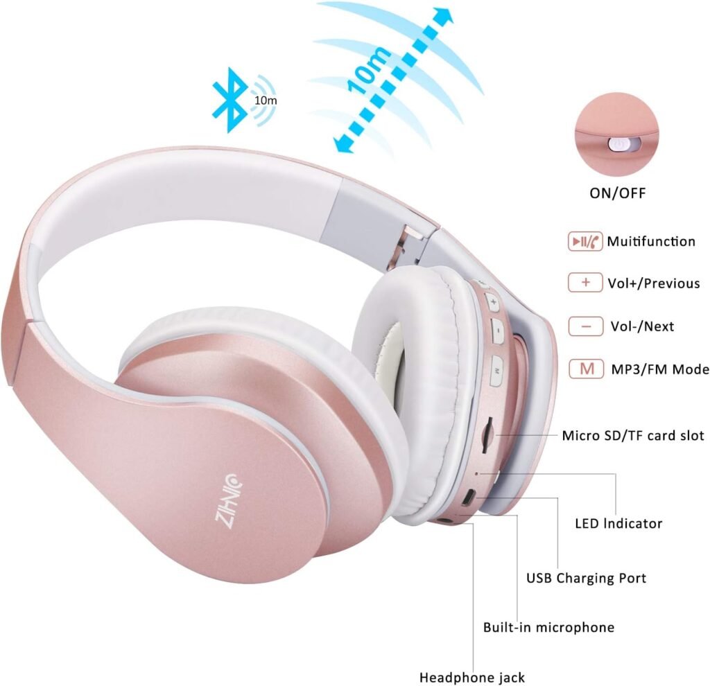 ZIHNIC Bluetooth Headphones Over-Ear, Foldable Wireless and Wired Stereo Headset Micro SD/TF, FM for Cell Phone,PC,Soft Earmuffs Light Weight for Prolonged Wearing(Rose Gold)