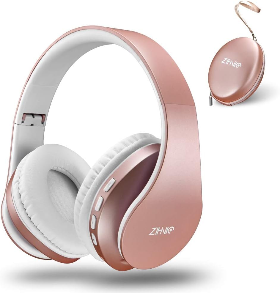 ZIHNIC Bluetooth Headphones Over-Ear, Foldable Wireless and Wired Stereo Headset Micro SD/TF, FM for Cell Phone,PC,Soft Earmuffs Light Weight for Prolonged Wearing(Rose Gold)