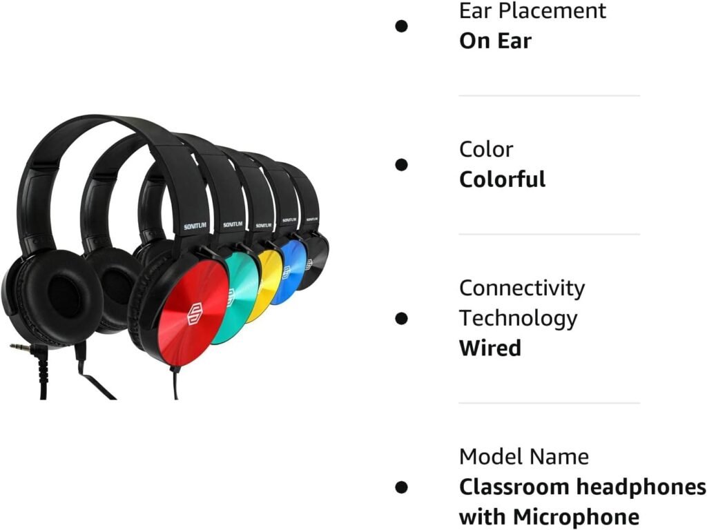 Classroom Headphones-Bulk 10-Pack, Student On Ear Color Varieties- Comfy Swivel Earphones for Library, School, Airplane, Kids-for Online Learning and Travel, HQ Stereo Sound 3.5mm Jack (Colorful)