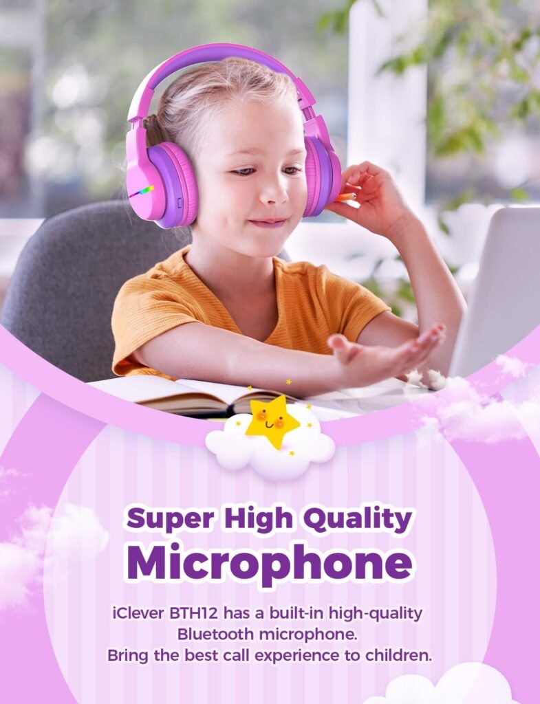 iClever BTH12 Kids Bluetooth Headphones,Colorful LED Lights Wireless Headphones,74/85/94dB Volume Limited,55H Playtime,Bluetooth 5.2,Over Ear Headphones Built-in Mic for iPad/Tablet/Airplane,Blue
