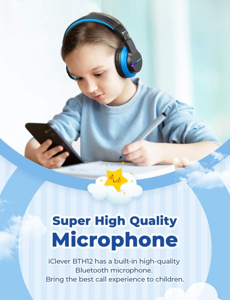 iClever BTH12 Kids Bluetooth Headphones,Colorful LED Lights Wireless Headphones,74/85/94dB Volume Limited,55H Playtime,Bluetooth 5.2,Over Ear Headphones Built-in Mic for iPad/Tablet/Airplane,Blue