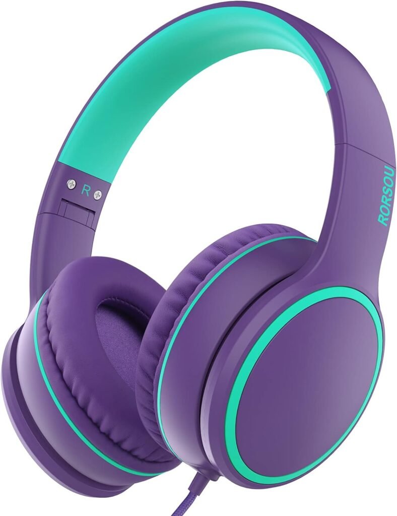 RORSOU R10 On-Ear Headphones with Microphone, Lightweight Folding Stereo Bass Headphones with 1.5M No-Tangle Cord, Portable Wired Headphones for Smartphone Tablet Computer MP3 / 4 (Purple)