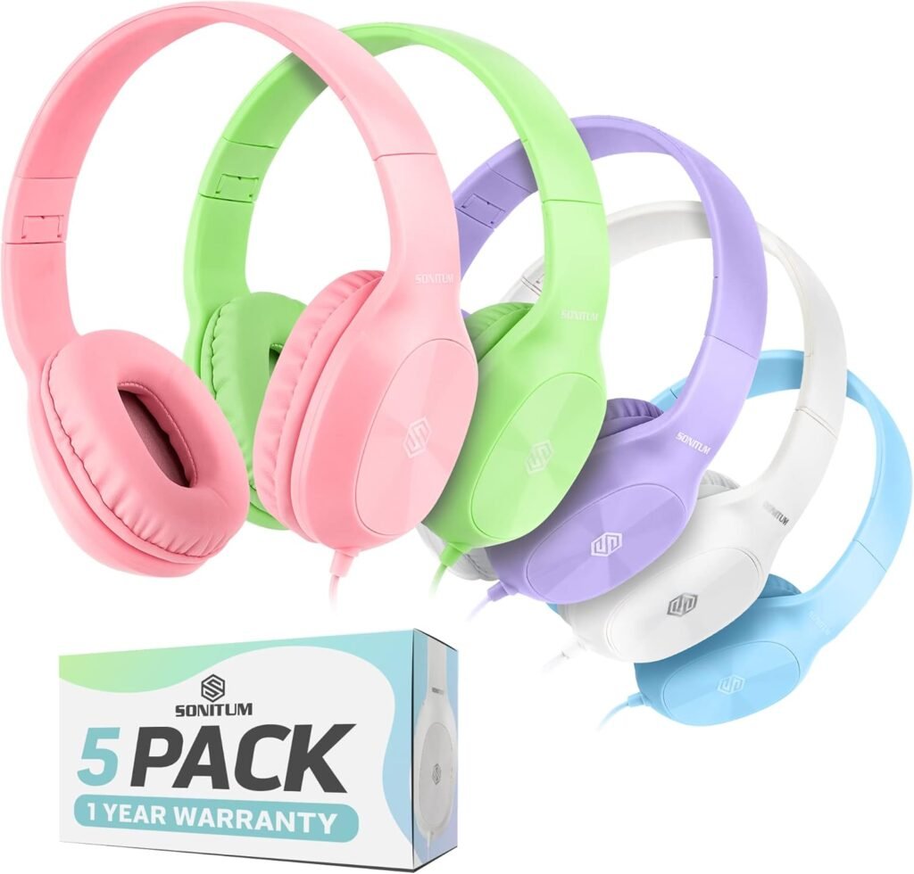 Sonitum Kids Headphones for School Bulk Set 5-Pack On-Ear, 3.5mm, Wired Headphones for Schools  Libraries – Adjustable, Cushioned Headphones (Mixed Colors)